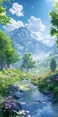 Canvas Print - Mountains, river and flowers