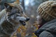 Little boy with a wolf in the autumn forest,  Little boy with a wolf