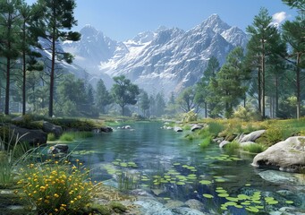 Poster - Mountains, river and trees landscape