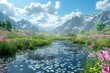 Alpine meadow with stream and flowers
