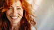 Portrait of smiling mature woman looking at camera with big grin Successful middle aged woman at home smiling Beautiful mid adult lady with long red hair enjoying whitening teeth treat : Generative AI