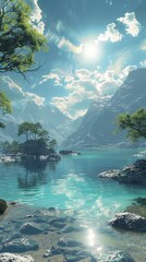 Wall Mural - Tranquil mountain lake reflecting blue sky and white clouds