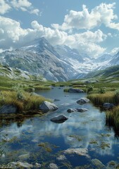 Canvas Print - The mountain stream flows through the valley between the snow-capped mountains