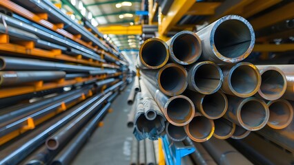Sticker - Steel pipes stored on warehouse shelves in an industrial setting for the metallurgy industry. Concept Steel pipes, Warehouse storage, Industrial setting, Metallurgy industry, Shelf organization