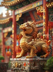 Wall Mural - A golden Kirin statue in front of a Chinese temple.