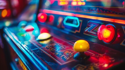 A close-up photograph of a retro arcade machine with colorful buttons and joysticks, evoking memories of hours spent playing classic video games,