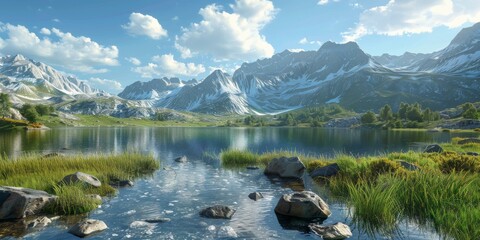 Wall Mural - Beautiful mountain lake landscape with green hills and blue sky