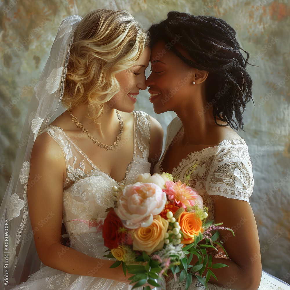 Romantic square portrait of same sex gay wedding, two women in love