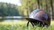 Handcrafted Leather Riding Helmet for Jockeys in Rural Equestrian Settings. Concept Handcrafted Leather, Riding Helmet, Jockeys, Rural Setting, Equestrian