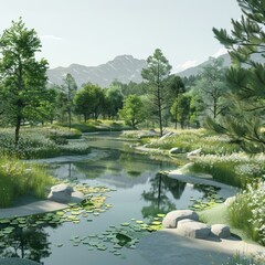 Wall Mural - Tranquil water flowing through a lush green landscape