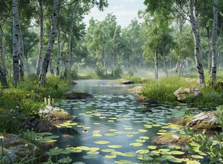 Wall Mural - Misty Forest Lake with Green Trees and Lily Pads