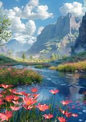 Wall Mural - flower field in the valley