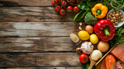 A variety of fresh vegetables and ingredients like tomatoes, basil, eggs and salmon against a wooden background, conveying a healthy diet theme