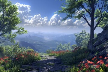 Wall Mural - fantasy mountain landscape with stone path and red flowers