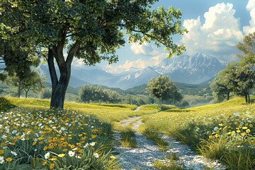 Canvas Print - Countryside landscape with mountains in the distance