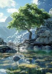 Poster - A lone tree stands on a rocky shore with a mountain backdrop