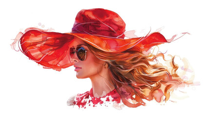 A woman is wearing a red hat and stylish sunglasses, looking fashionable and confident