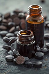 Wall Mural - A couple of bottles and pills on a table with some coins, AI