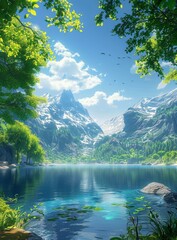 Canvas Print - fantasy landscape with lake, mountains and trees