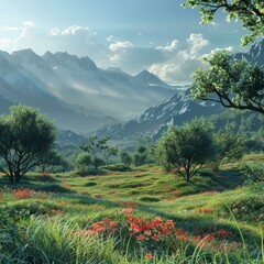 Wall Mural - Tranquil mountain meadow landscape with red flowers and lush trees