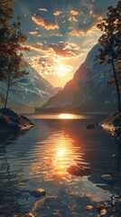 Wall Mural - Mountains and lake under orange sky