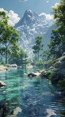 Poster - The mountain stream flows through the lush green forest