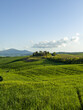 jedno ze słynnych wzgórz w Toskanii na którym stoi tradycyjna willa otoczona zielonymi polami uprawnymi i wysokimi cyprysami