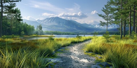 Wall Mural - The mountain lake is surrounded by green grass and trees