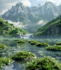 Wall Mural - Fantasy Mountain Landscape with Lake and Greenery