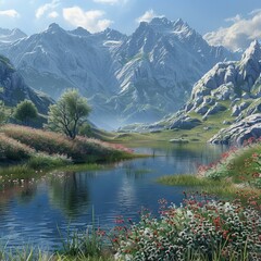 Poster - Mountains, lake and flowers