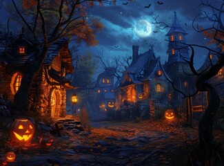 Wall Mural - Spooky Halloween Village With Pumpkins And Haunted Houses