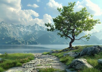 Poster - fantasy landscape with mountains and lake