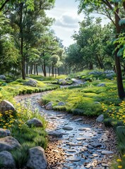 Sticker - Small river flowing through a lush sunlit forest