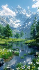 Wall Mural - Landscape with mountains, lake and flowers