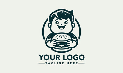 boy holding a hamburger or cheeseburger vector logo cute Burger Boy retro logo features a chubby-cheeked cartoon boy with a big smile holding a hamburger or cheeseburger