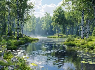 Wall Mural - The river flows through the quiet forest