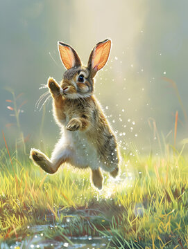 A rabbit is jumping in the grass and splashing water. Concept of playfulness and joy, as the rabbit is enjoying its time in the outdoors