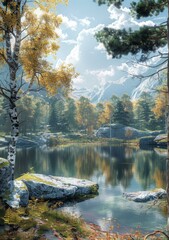 Canvas Print - Tranquil mountain lake in a valley with colorful trees and rocks in the foreground