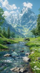 Wall Mural - majestic snow capped mountain landscape with river flowing through grassy valley