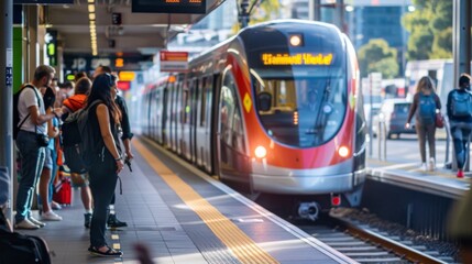 Aufkleber - Passengers waiting on a platform as a light rail train approaches, anticipation of arrival