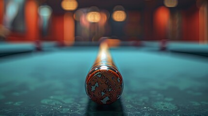 A closeup of Pool Cue stick, against Table as background, hyperrealistic sports accessory photography, copy space
