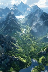 Canvas Print - fantasy landscape with mountains, forests and lakes