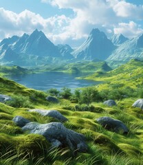 Poster - Beautiful green hills and blue lake in a valley