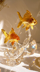 Wall Mural - Surreal, there are two golden fish made of foil on the sparkling white water, beautiful curves,