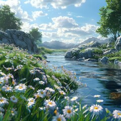 Wall Mural - Small river flowing through a beautiful green valley