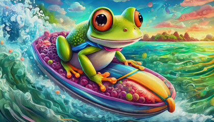 Wall Mural - oil painting style CARTOON CHARACTER CUTE a beautiful tree frog rides a jet ski on the sea,