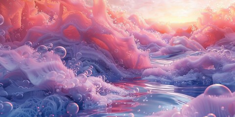 Canvas Print - Pink and purple abstract waves with bubbles