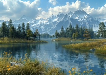 Canvas Print - Mountains, lake and trees