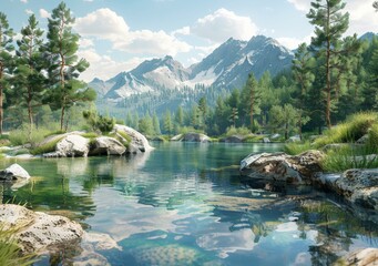 Poster - Tranquil Mountain Lake Scenery