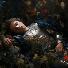 Sticker - a young king laying and sleeping on flowers in a dark fantasy medieval world